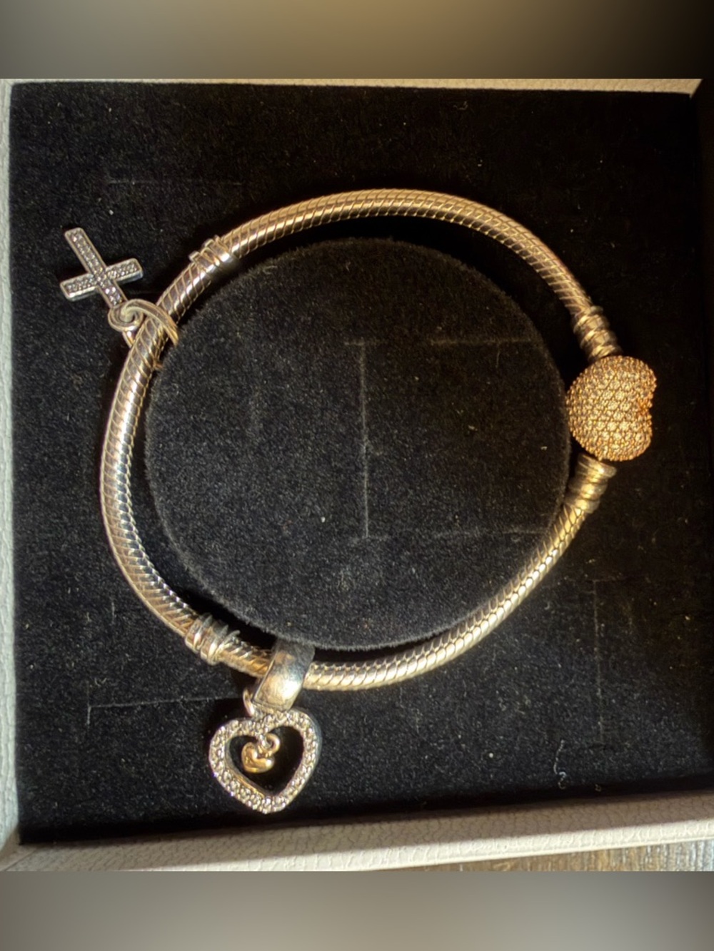 Pandora Silver Bracelet with Rose Gold Pave Heart Clasp and Heart Charm